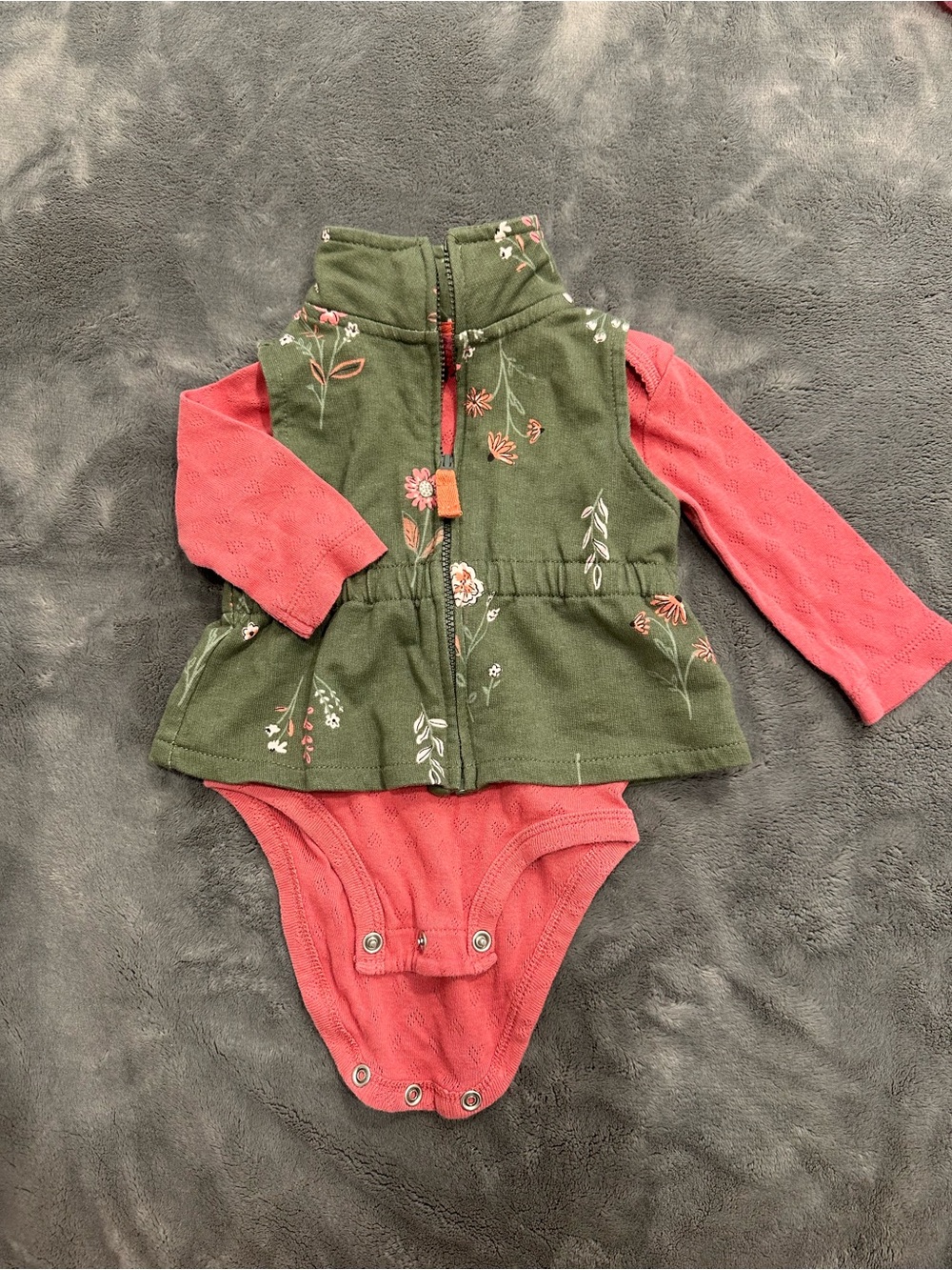 Carter's Olive Green Floral Zip Peplum Bodysuit with Coral Sleeves